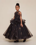 Fringe Halter Tulle Ball Gown in Black – front view