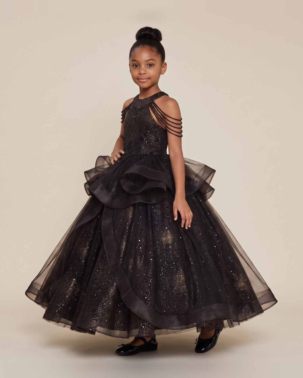 Fringe Halter Tulle Ball Gown in Black – front view