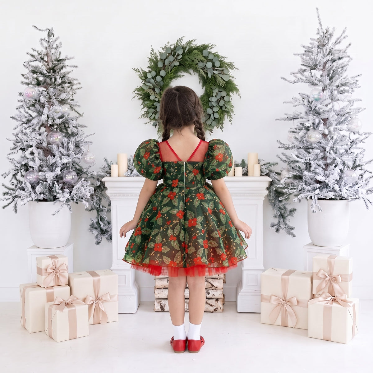 Red and green Christmas tutu dress back view with sheer V back