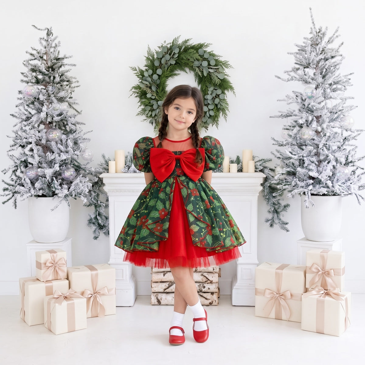 Girls red and green holly print Christmas tutu dress with big red bow, front view