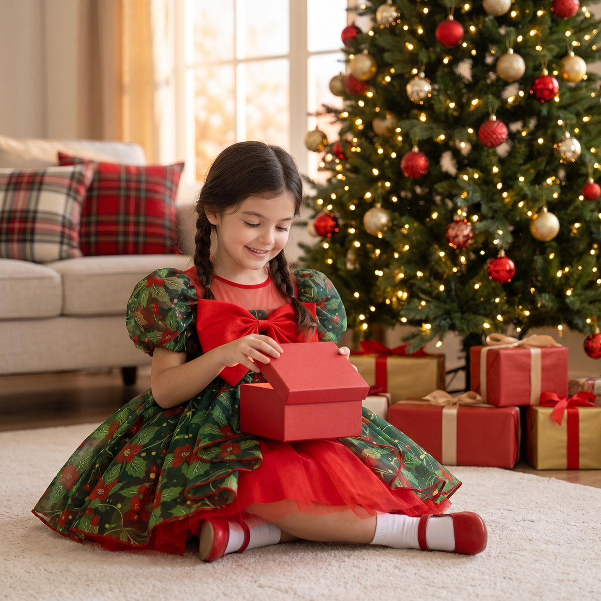Girl in holly print Christmas dress opening a gift by the tree