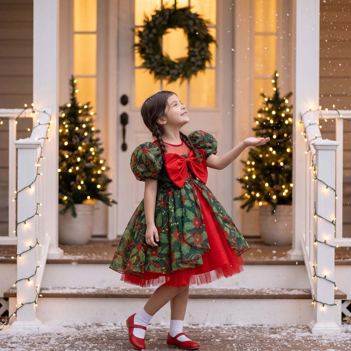 Girl in red and green Christmas dress catching snowflakes on a festive porch