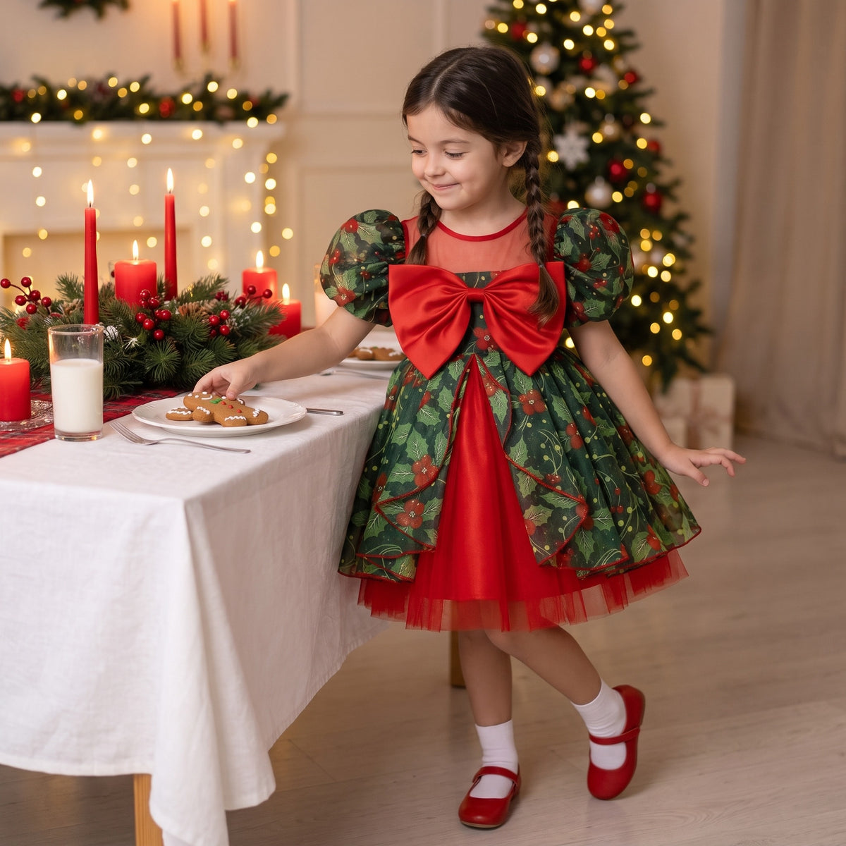 Girl in Christmas tutu dress reaching for a gingerbread cookie at holiday dinner
