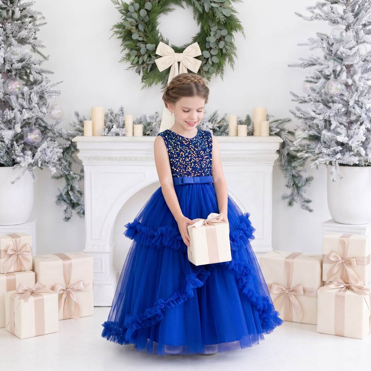 Girls royal blue sequin Christmas dress with tiered tulle skirt