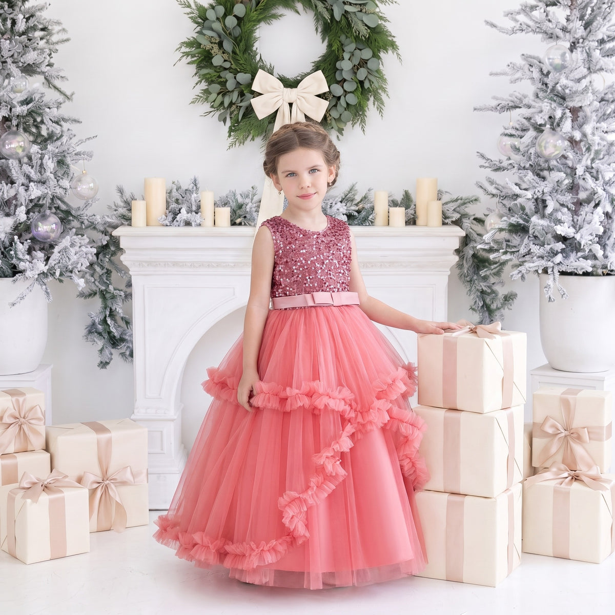 Girls pink sequin Christmas dress with tiered tulle skirt