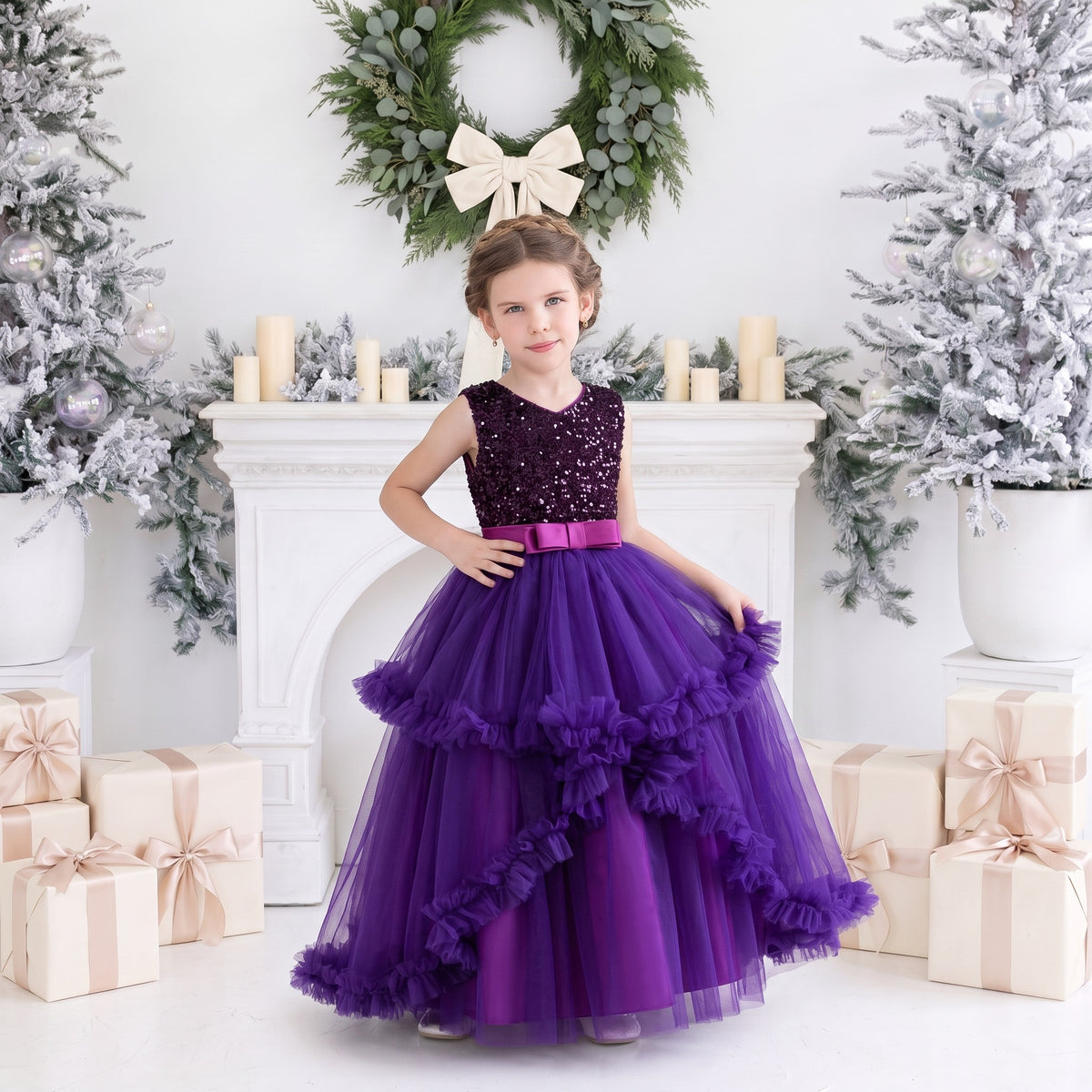 Girls purple sequin Christmas dress with tiered tulle skirt