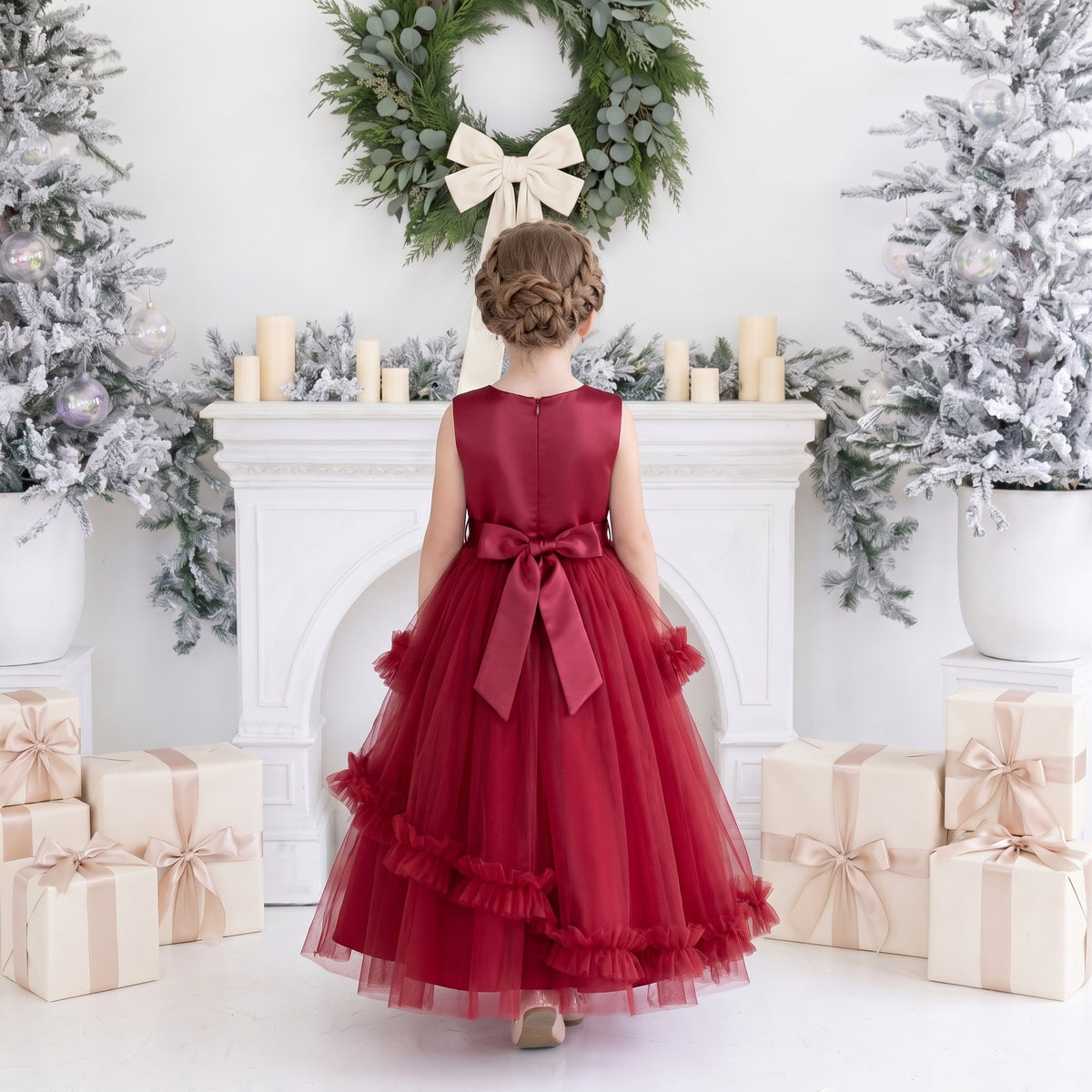 Girls red sequin Christmas dress back view with satin bow