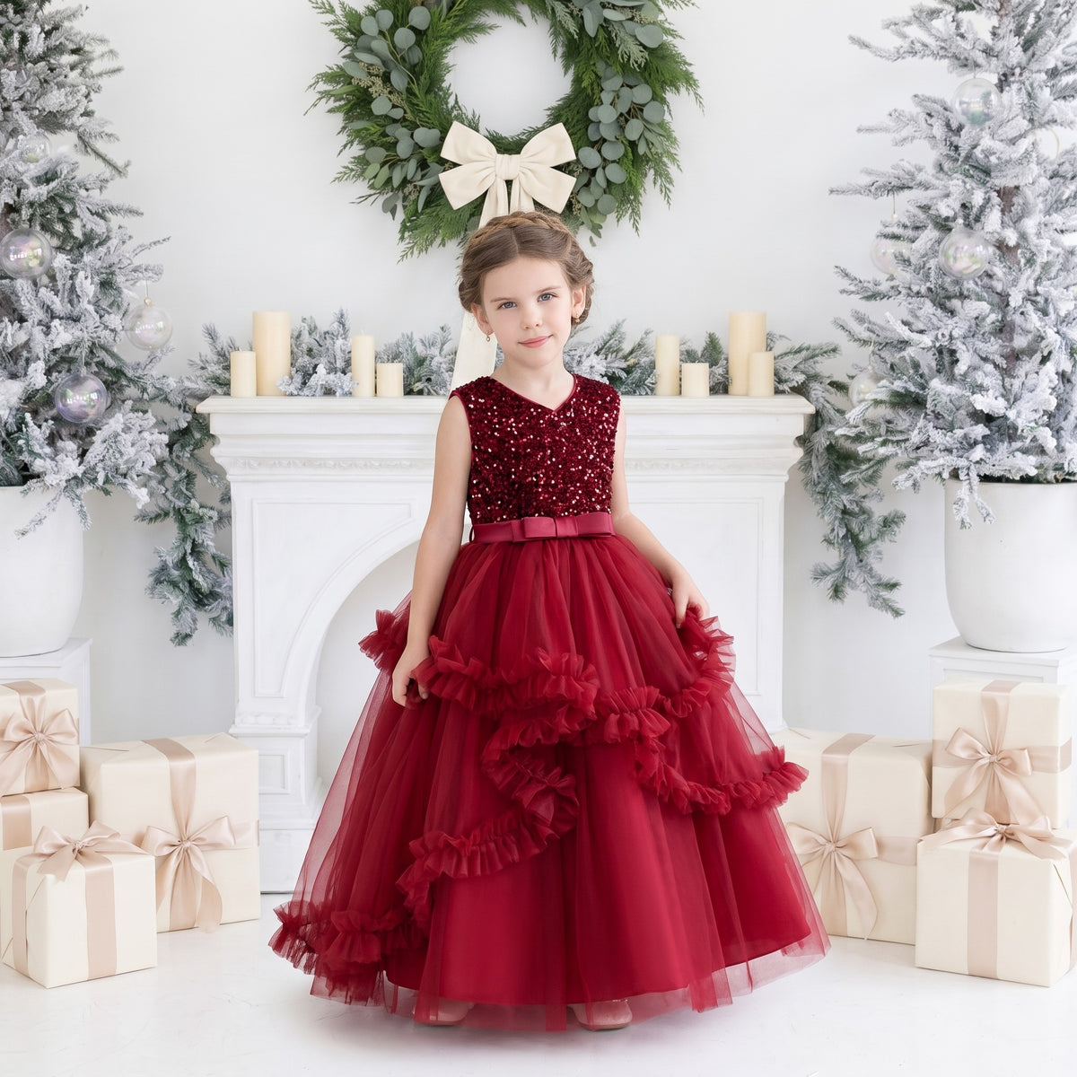 Girls red sequin Christmas dress with tiered tulle ruffle skirt, front view