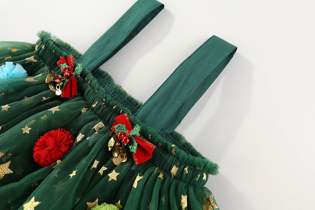 Green star tulle girls tiered tutu dress with pom-poms and holiday bows, designed for Christmas parties and holiday photos, view 7