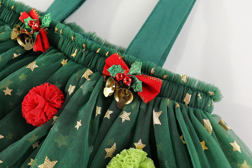 Green star tulle girls tiered tutu dress with pom-poms and holiday bows, designed for Christmas parties and holiday photos, view 8