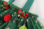 Green star tulle girls tiered tutu dress with pom-poms and holiday bows, designed for Christmas parties and holiday photos, view 8