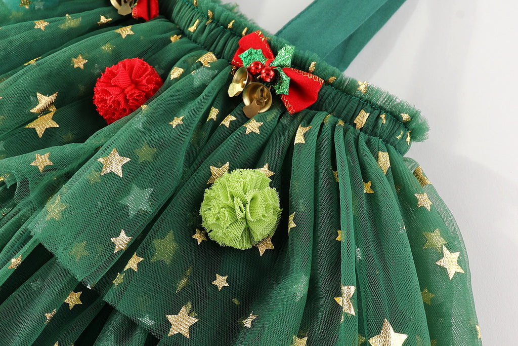 Green star tulle girls tiered tutu dress with pom-poms and holiday bows, designed for Christmas parties and holiday photos, view 9