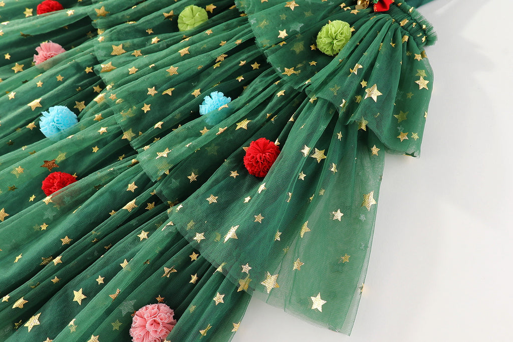 Green star tulle girls tiered tutu dress with pom-poms and holiday bows, designed for Christmas parties and holiday photos, view 10