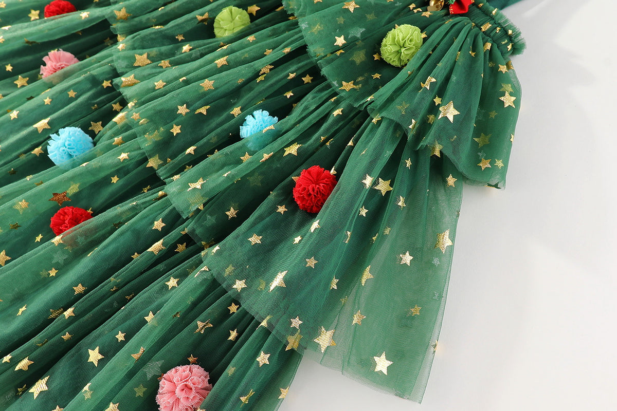 Green star tulle girls tiered tutu dress with pom-poms and holiday bows, designed for Christmas parties and holiday photos, view 10