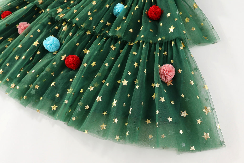 Green star tulle girls tiered tutu dress with pom-poms and holiday bows, designed for Christmas parties and holiday photos, view 11
