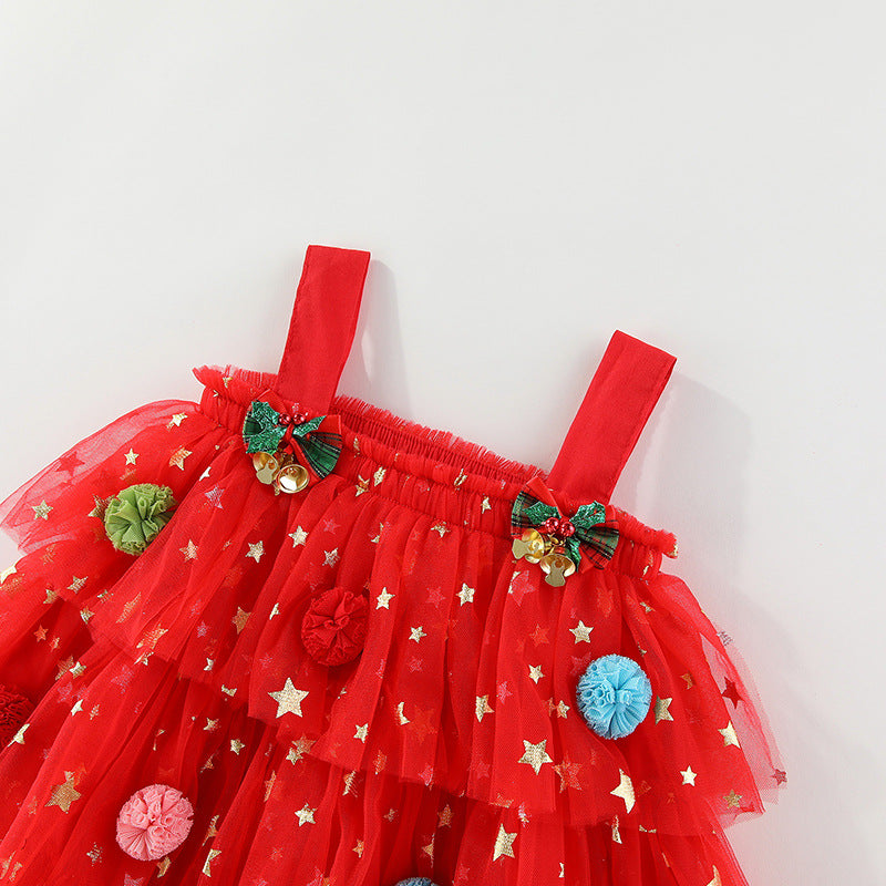 Red star tulle girls tiered tutu dress with pom-poms and holiday bows, designed for Christmas parties and holiday photos, view 7
