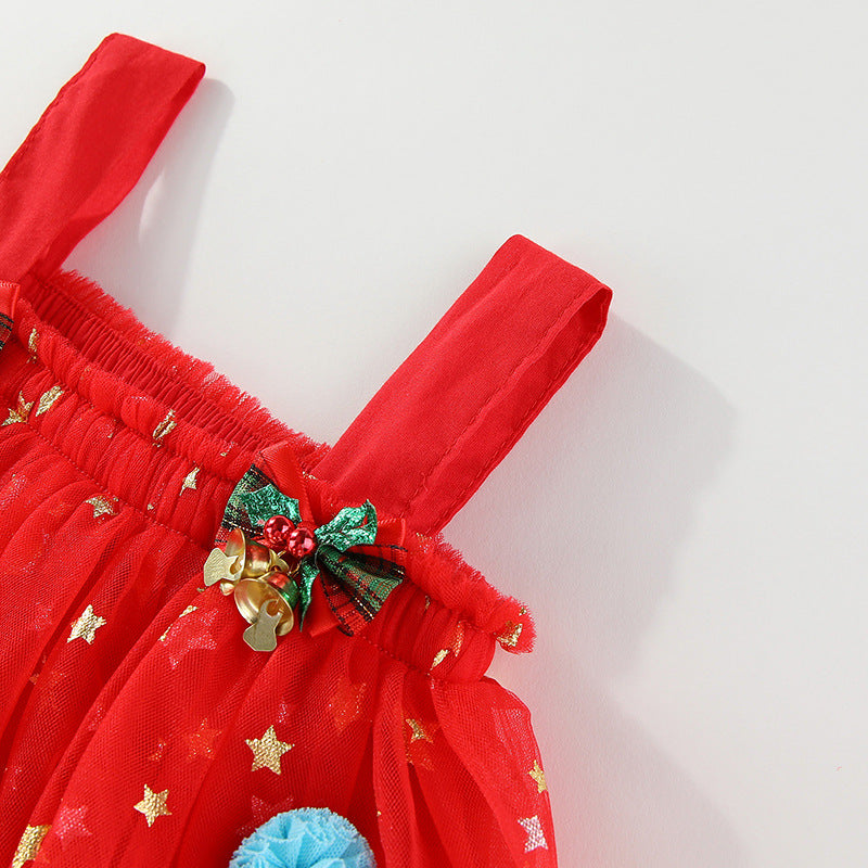 Red star tulle girls tiered tutu dress with pom-poms and holiday bows, designed for Christmas parties and holiday photos, view 8