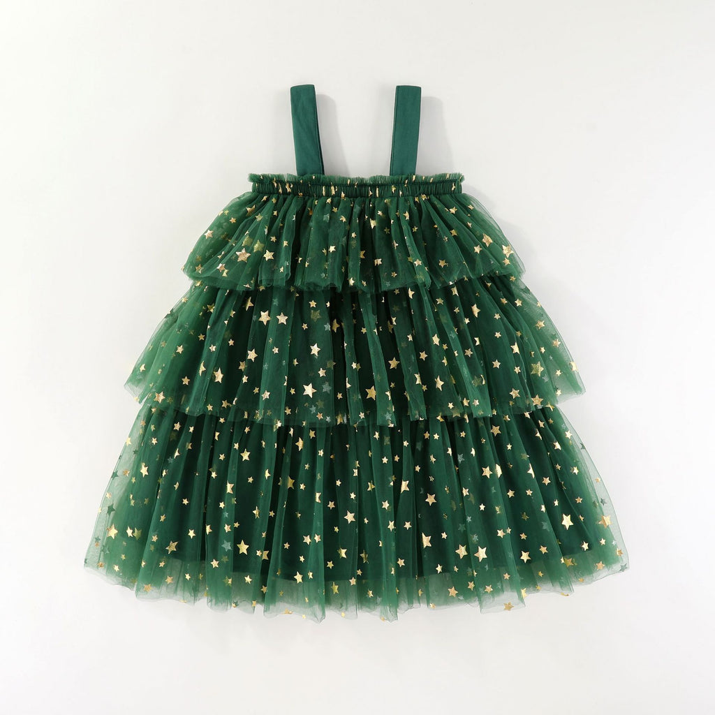 Green star tulle girls tiered tutu dress with pom-poms and holiday bows, designed for Christmas parties and holiday photos, view 2