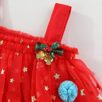 Red star tulle girls tiered tutu dress with pom-poms and holiday bows, designed for Christmas parties and holiday photos, view 9