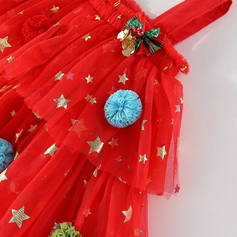 Red star tulle girls tiered tutu dress with pom-poms and holiday bows, designed for Christmas parties and holiday photos, view 10