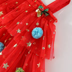 Red star tulle girls tiered tutu dress with pom-poms and holiday bows, designed for Christmas parties and holiday photos, view 10
