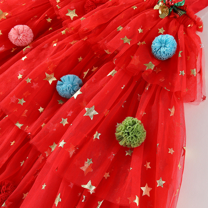 Red star tulle girls tiered tutu dress with pom-poms and holiday bows, designed for Christmas parties and holiday photos, view 11