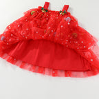 Red star tulle girls tiered tutu dress with pom-poms and holiday bows, designed for Christmas parties and holiday photos, view 12