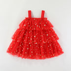 Red star tulle girls tiered tutu dress with pom-poms and holiday bows, designed for Christmas parties and holiday photos, view 2