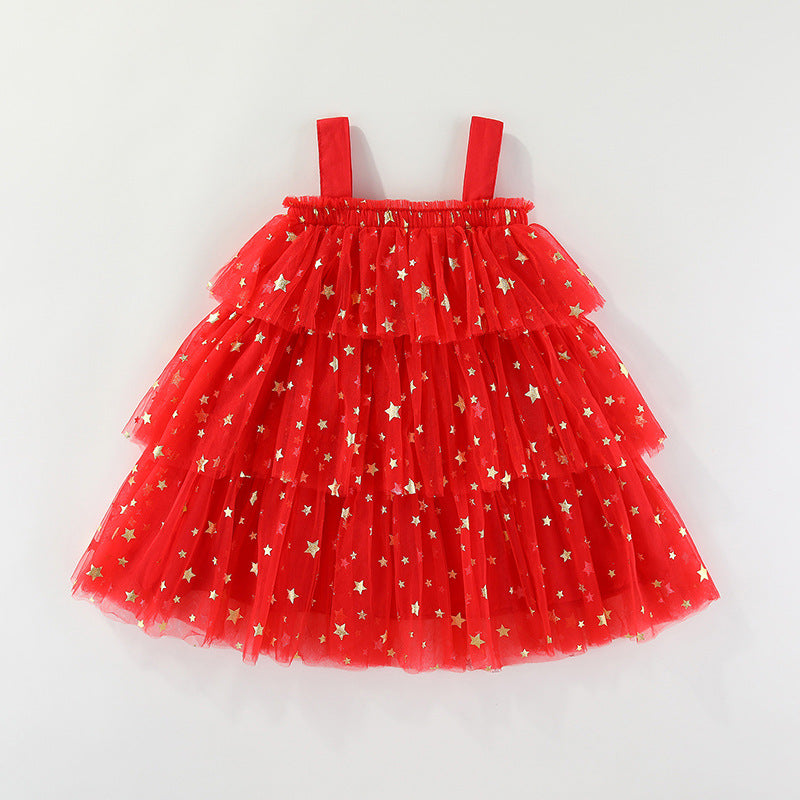 Red star tulle girls tiered tutu dress with pom-poms and holiday bows, designed for Christmas parties and holiday photos, view 2