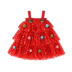 Red star tulle girls tiered tutu dress with pom-poms and holiday bows, designed for Christmas parties and holiday photos, view 3