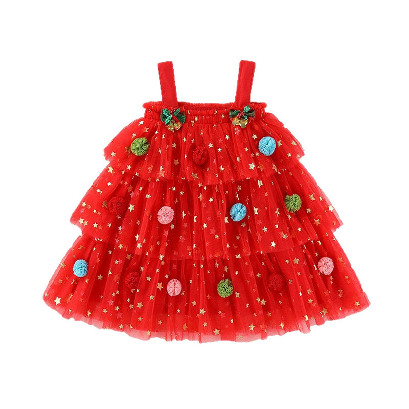 Red star tulle girls tiered tutu dress with pom-poms and holiday bows, designed for Christmas parties and holiday photos, view 3