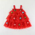 Red star tulle girls tiered tutu dress with pom-poms and holiday bows, designed for Christmas parties and holiday photos, view 4