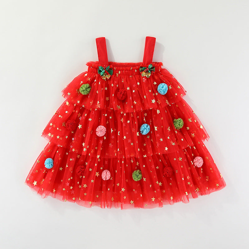 Red star tulle girls tiered tutu dress with pom-poms and holiday bows, designed for Christmas parties and holiday photos, view 4