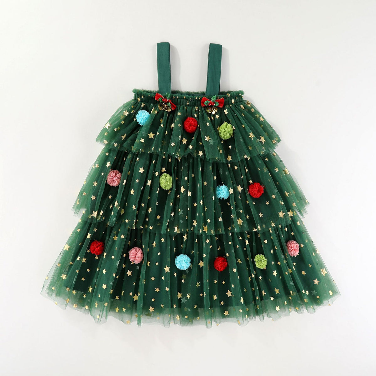 Green star tulle girls tiered tutu dress with pom-poms and holiday bows, designed for Christmas parties and holiday photos, view 4