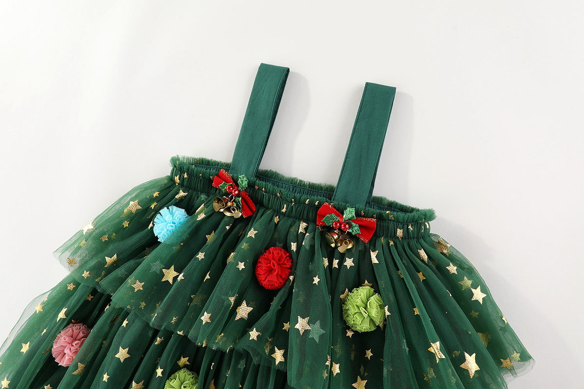 Green star tulle girls tiered tutu dress with pom-poms and holiday bows, designed for Christmas parties and holiday photos, view 6
