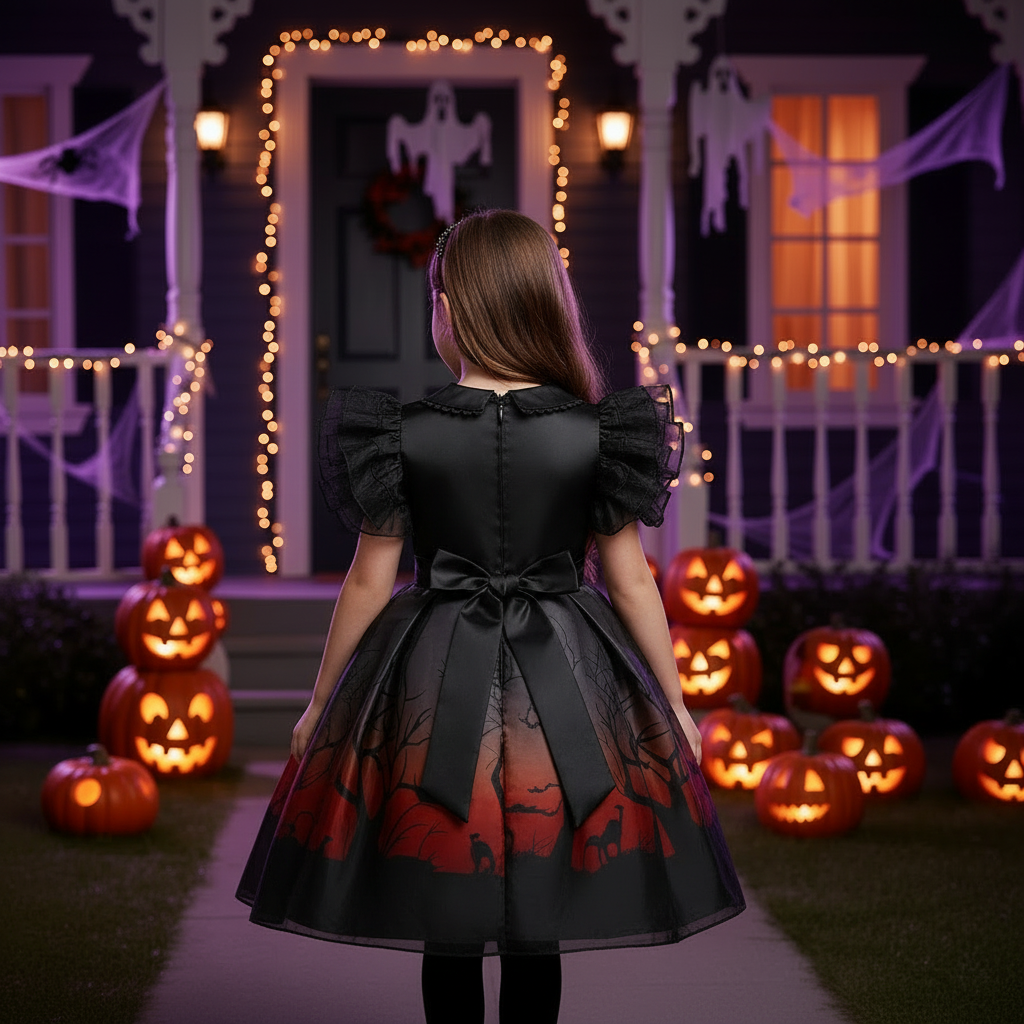 Olivia gothic castle print girls Halloween dress with flutter sleeves