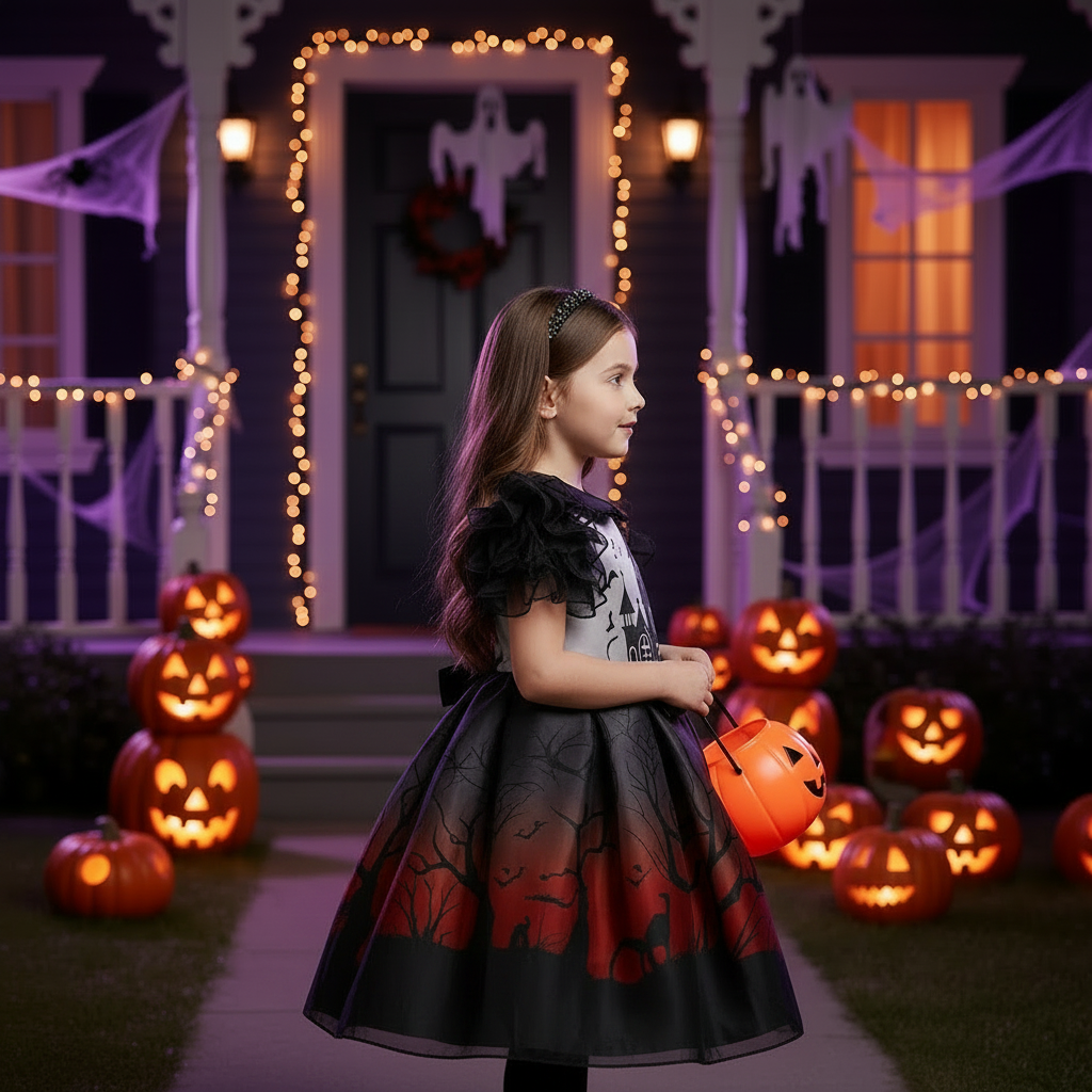 Olivia gothic castle print girls Halloween dress with flutter sleeves