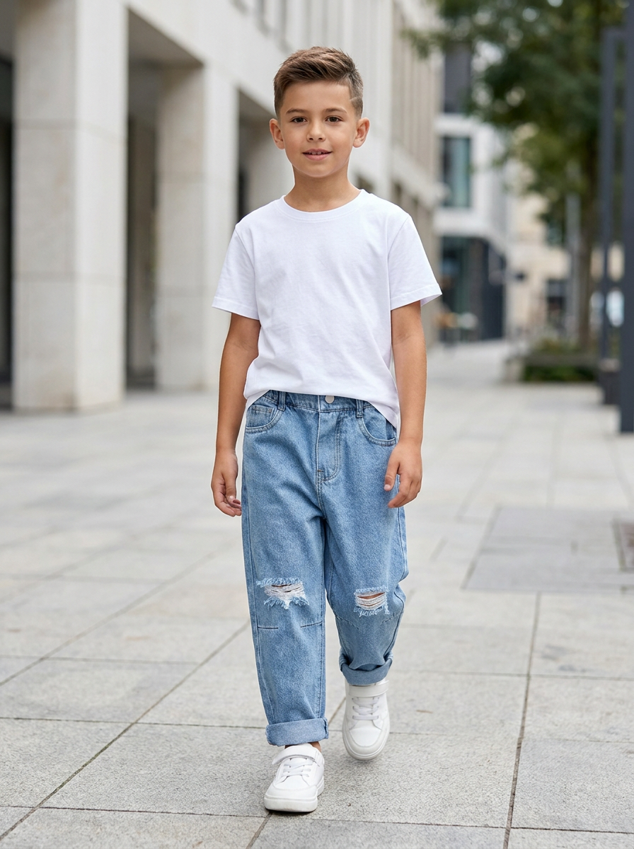 Fashion Simple Children's Loose Ripped Jeans