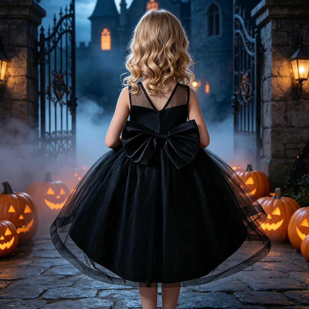 Black tulle girls high-low dress with a beaded bodice and large back bow, designed for Halloween parties, view 3