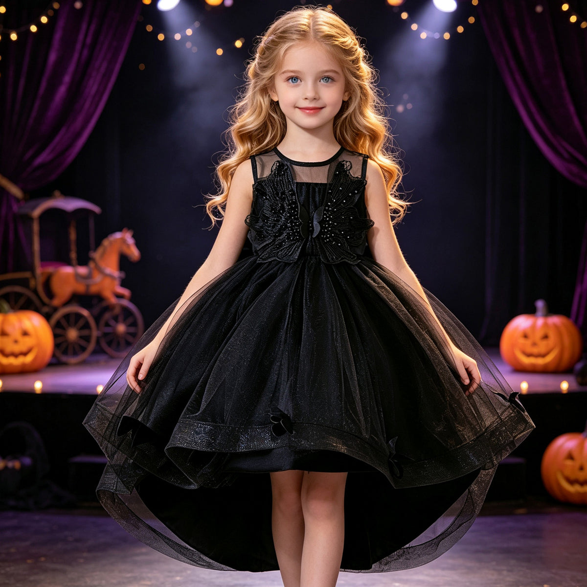 Black tulle girls high-low dress with a beaded bodice and large back bow, designed for Halloween parties, view 2