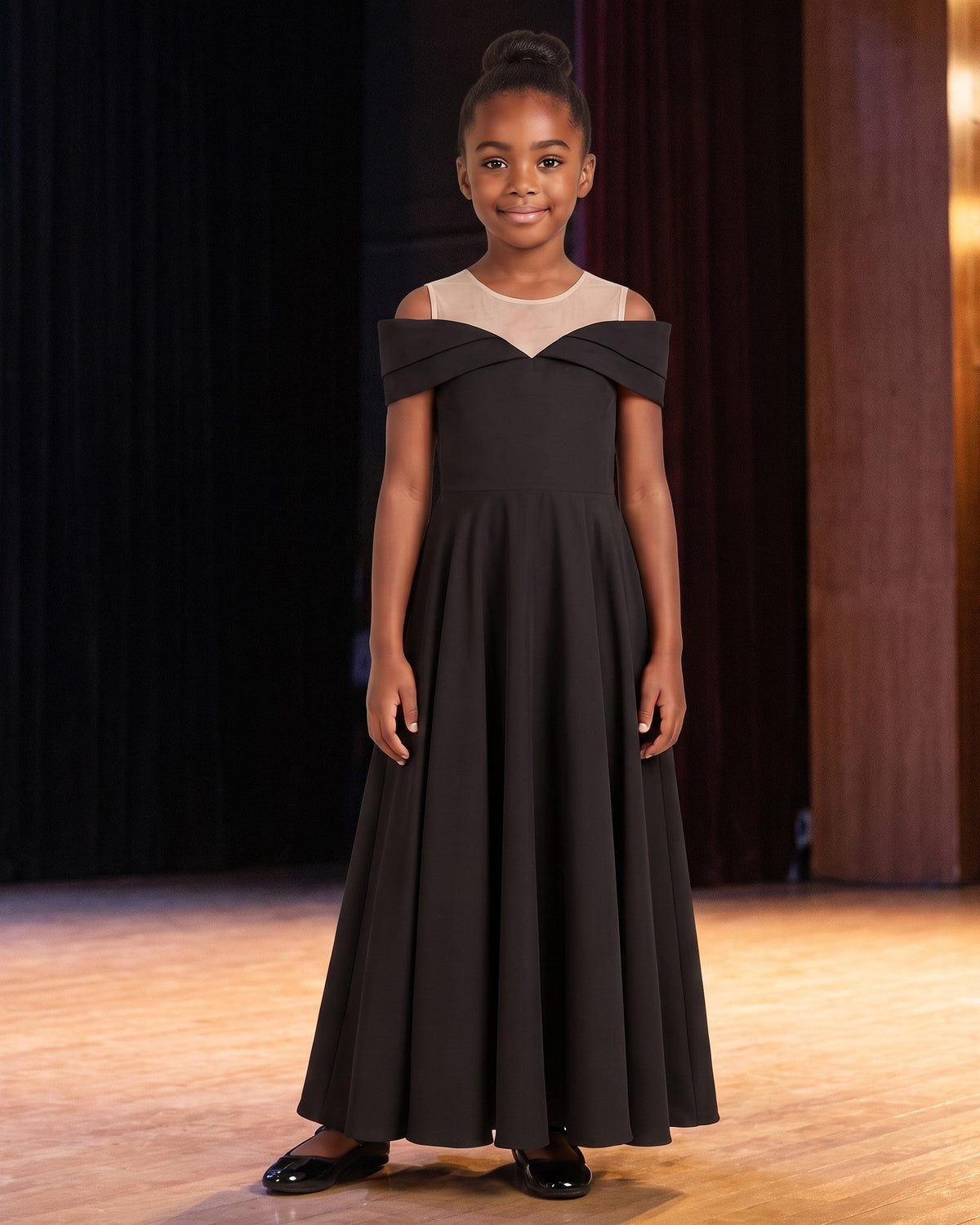 Illusion Neck Off-Shoulder Gown in Black – lifestyle photo 1