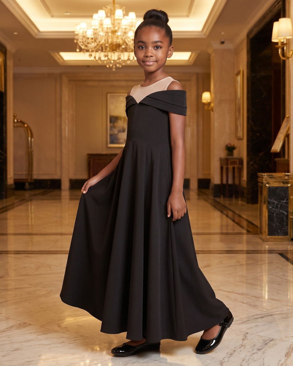 Illusion Neck Off-Shoulder Gown in Black – lifestyle photo 2