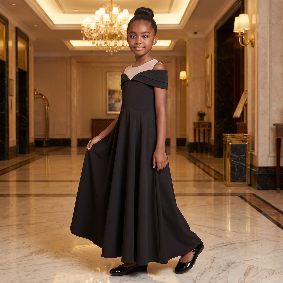Illusion Neck Off-Shoulder Gown in Black – lifestyle photo 2