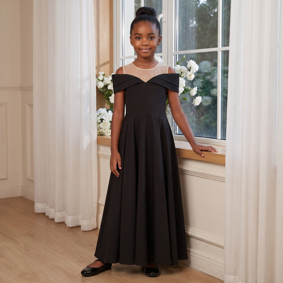 Illusion Neck Off-Shoulder Gown in Black – lifestyle photo 3