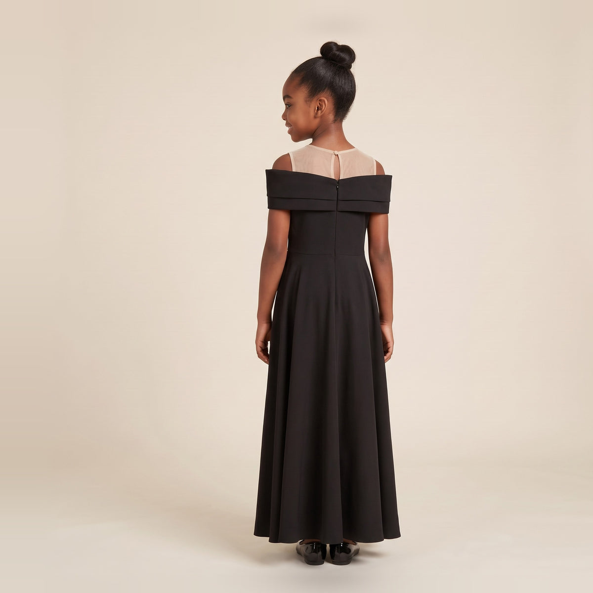 Illusion Neck Off-Shoulder Gown in Black – back view