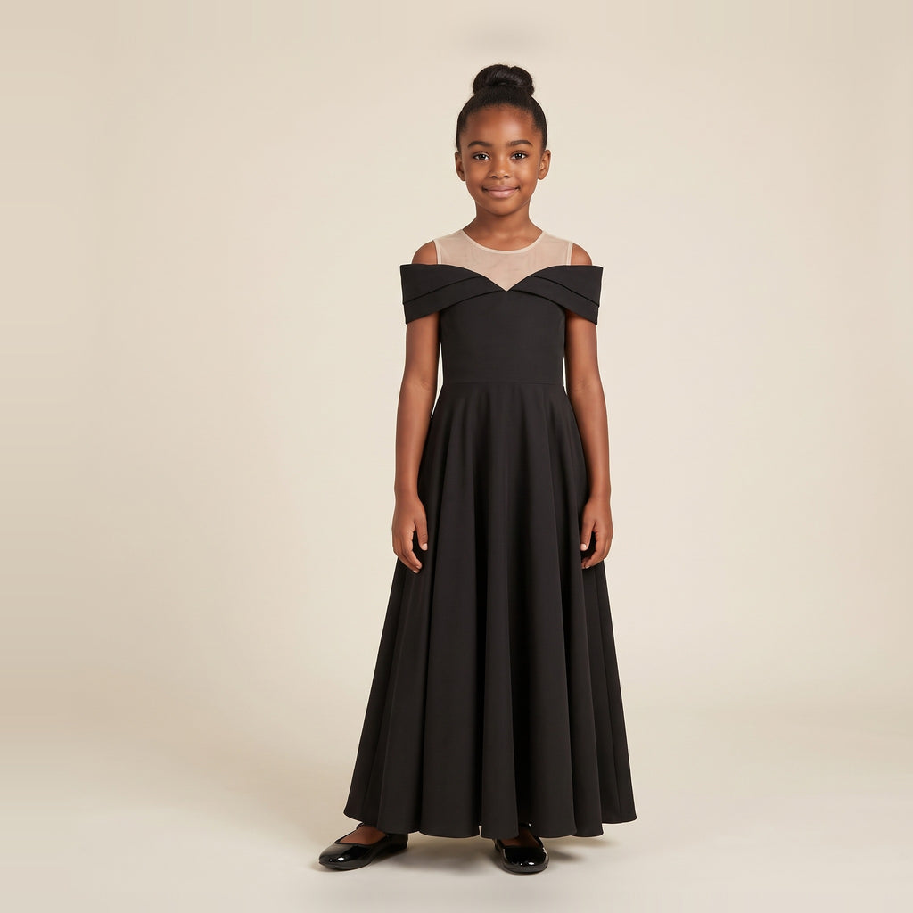 Illusion Neck Off-Shoulder Gown in Black – front view