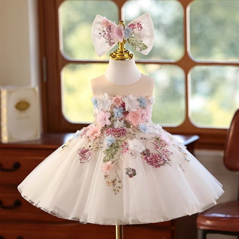 Ivory floral tulle white dress for girls styled with a matching bow headband, full front view, for a flower girl or photo session.