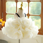 Ivory organza girls party dress with a sequin neckline, rosette bodice and layered ruffles, designed for birthday parties.
