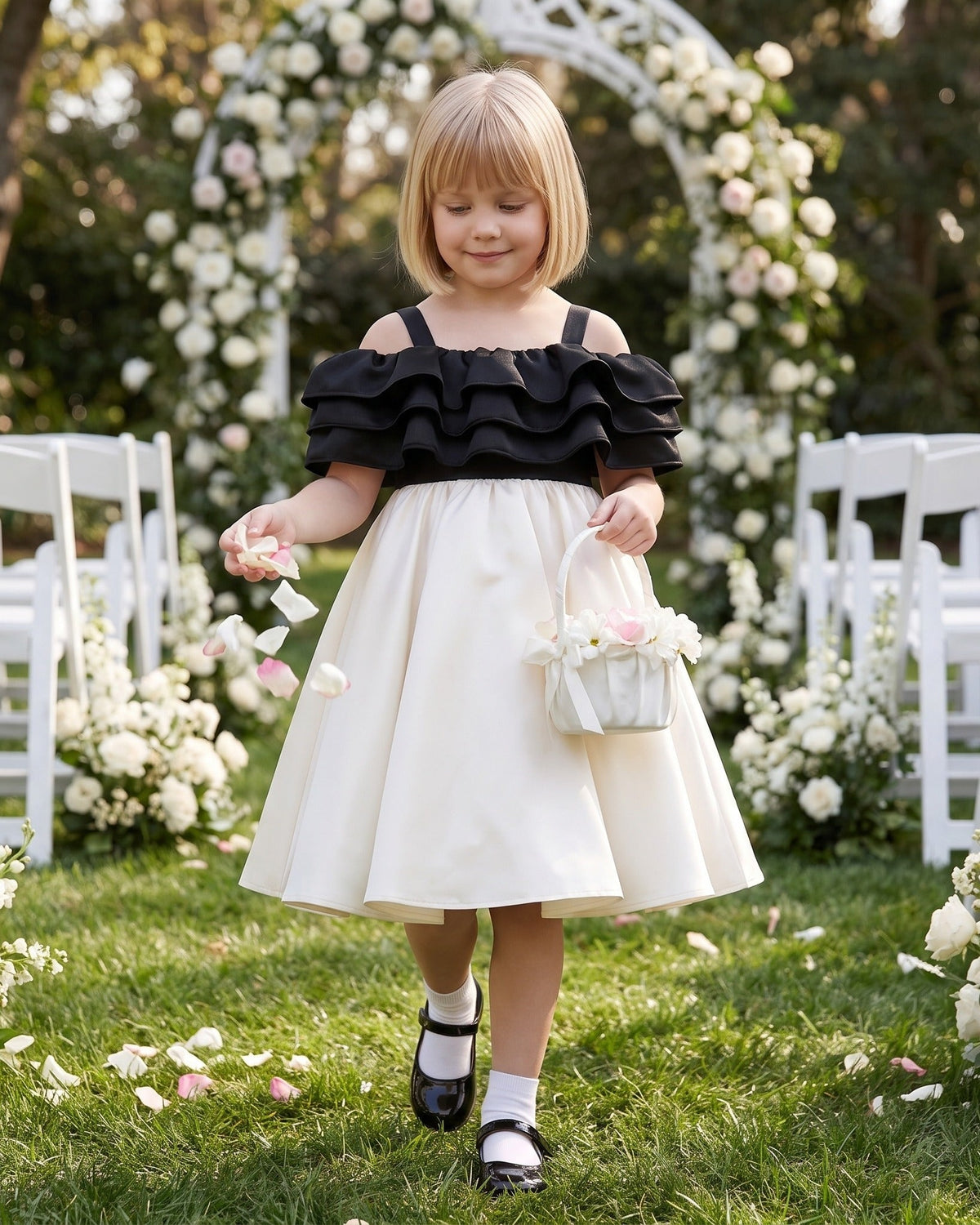 Flower girl in an ivory and black satin dress scattering petals down a garden wedding aisle.