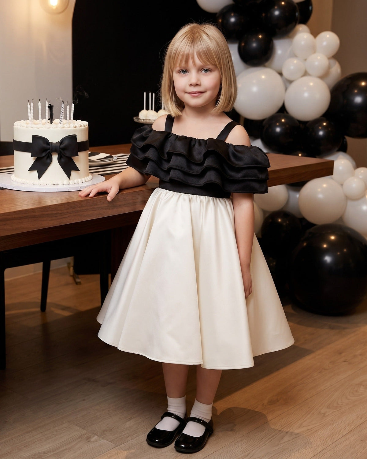Girl in an ivory and black satin birthday party dress standing by a black and white birthday cake table.